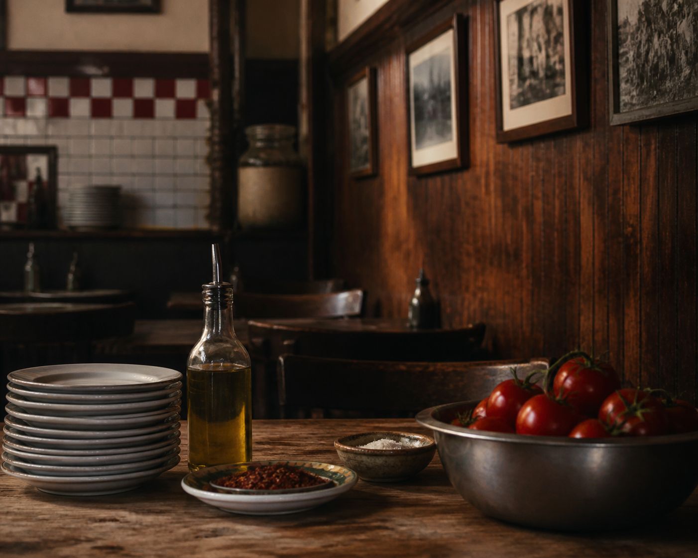 A quiet Italian-American kitchen table prepared for practical home cooking